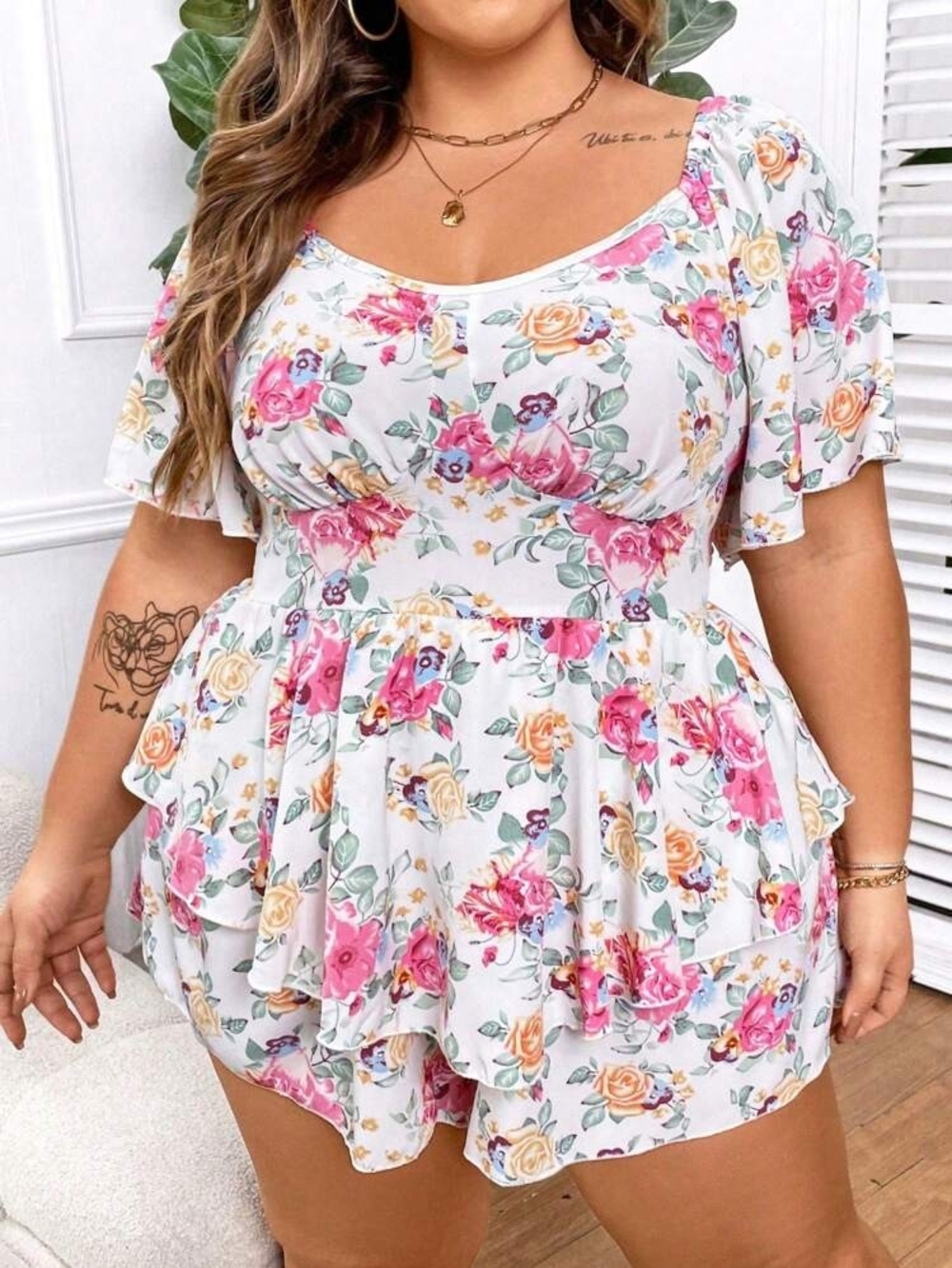SHEIN White Floral Ruffle Romper with Pink & Yellow Roses